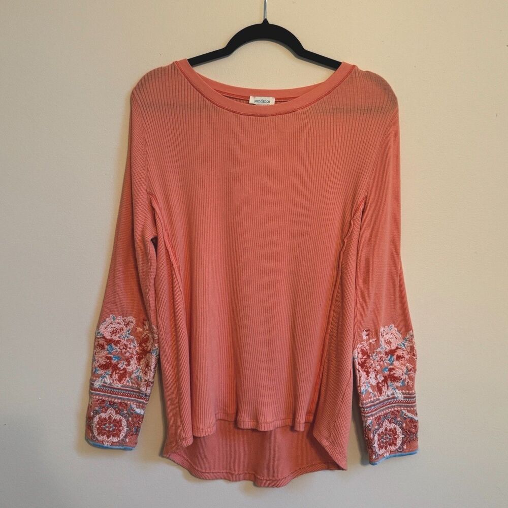Sundance Long Sleeve Thermal Waffle Knit Embroidered Top Sz Large Floral Cotton